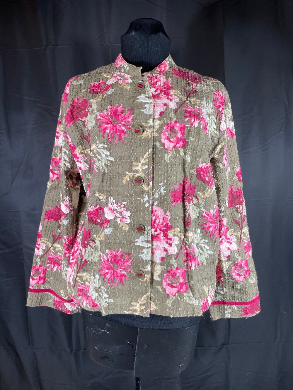 J Jill Women's Large Petite Olive Green Floral Cotton Lightweight Jacket Blazer